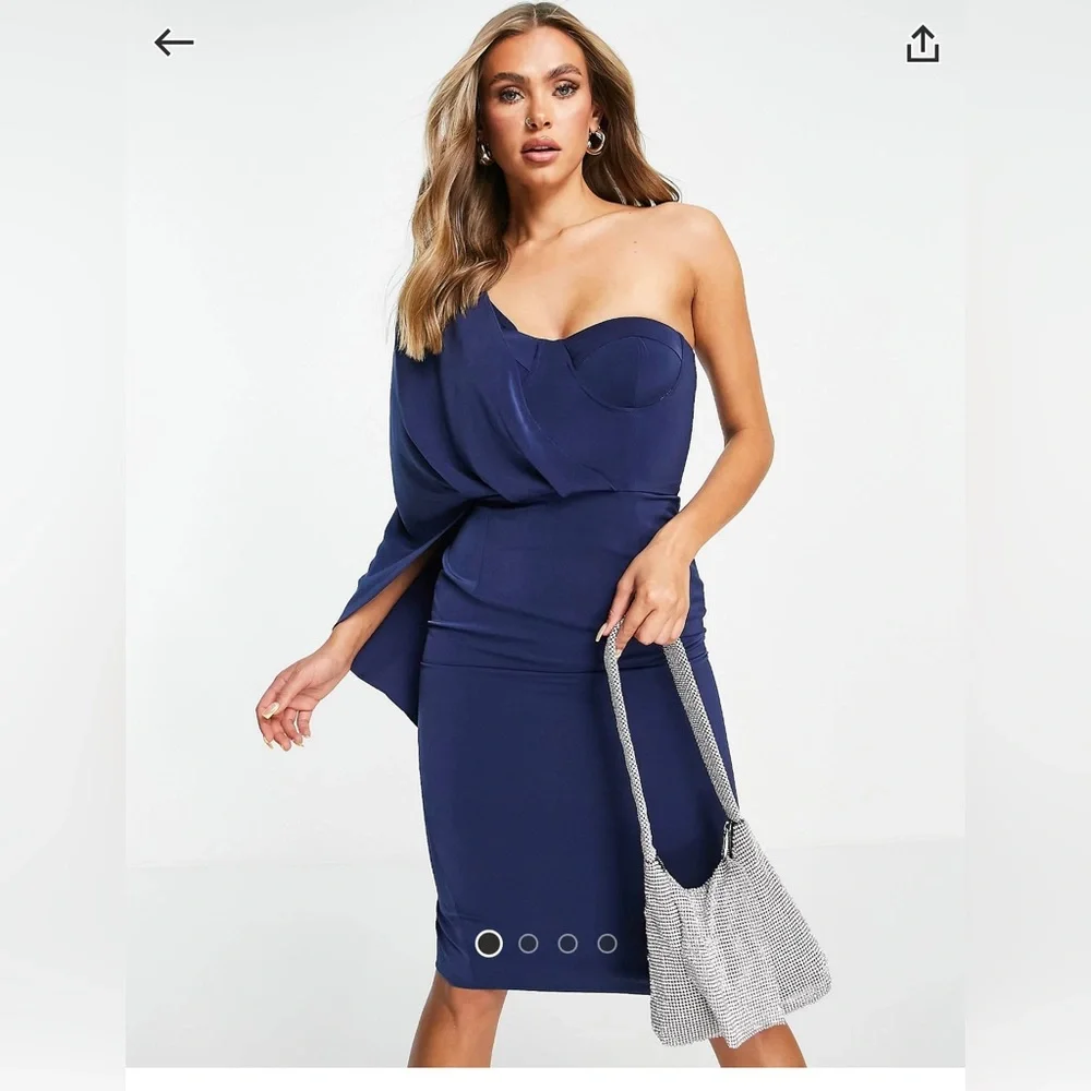 Lavish Alice one shoulder cape midi dress in navy Size 4 - Picture 1 of 9